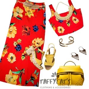 Red Floral Cami Style Crop Tank and Midi Skirt Set